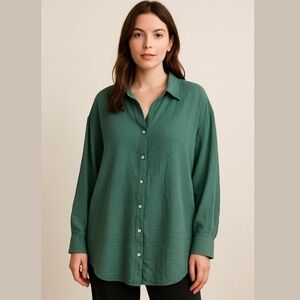 Jane & Delancey Top Shirt Womens Large Green Button Up V Neck Textured Crinkled